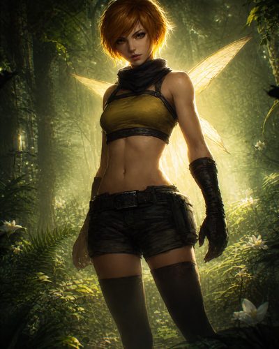 GRID THUMBNAIL — A tough-looking fairy woman with short copper hair and translucent wings stands in a sunlit forest clearing, wearing a crop top, shorts and gloves.