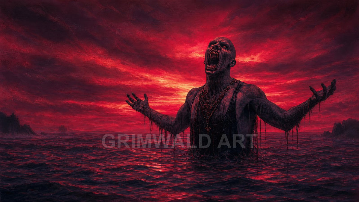 A towering undead figure rises from a churning crimson sea at sunset, arms outstretched, dripping black ichor beneath blazing red clouds and distant cliffs.