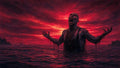 GRID THUMBNAIL — A towering undead figure rises from a churning crimson sea at sunset, arms outstretched, dripping black ichor beneath blazing red clouds and distant cliffs.
