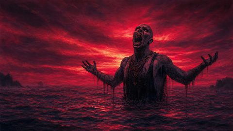 GRID THUMBNAIL — A towering undead figure rises from a churning crimson sea at sunset, arms outstretched, dripping black ichor beneath blazing red clouds and distant cliffs.