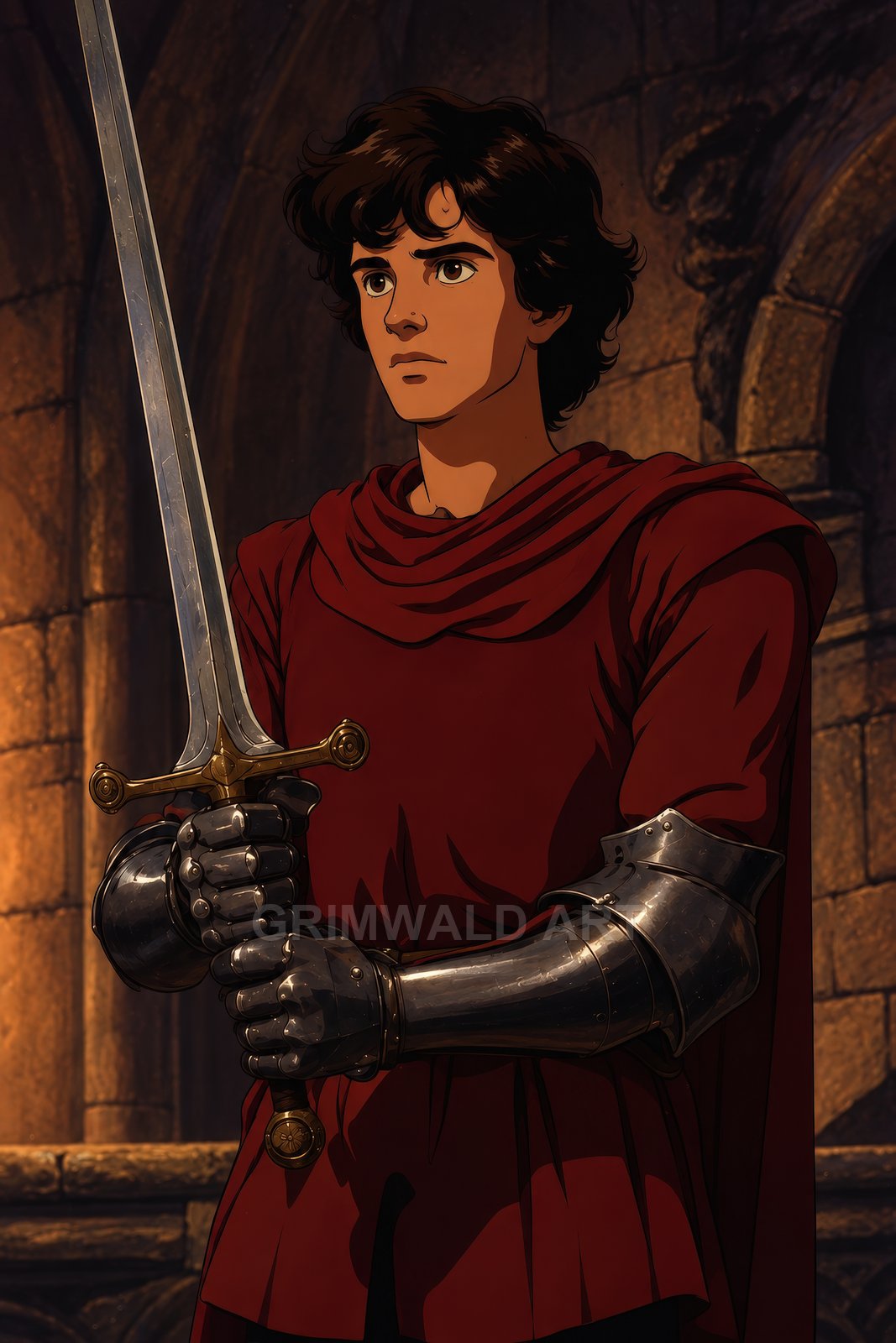 Anime-style young knight in a red mantle with steel gauntlets holding a longsword inside a stone castle hall under warm torchlight.