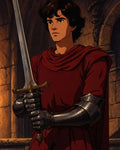 GRID THUMBNAIL — Anime-style young knight in a red mantle with steel gauntlets holding a longsword inside a stone castle hall under warm torchlight.