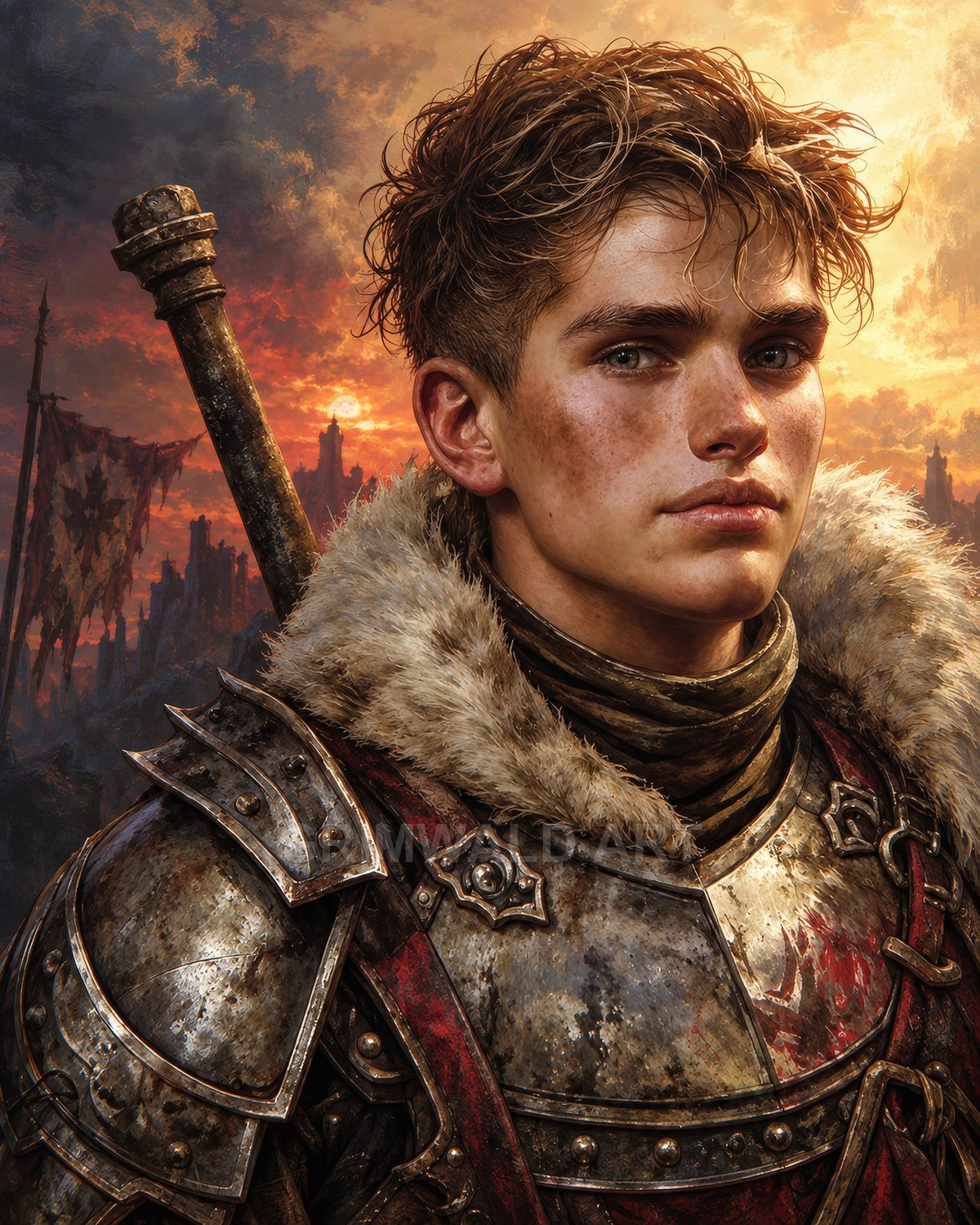 A young male knight in weathered plate armour with fur collar, sword on his back, standing before a ruined city at sunset with tattered banners.
